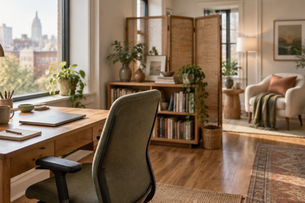 Colț de lucru luminos într-un apartament urban, cu birou lângă fereastră, scaun ergonomic și, în fundal, o zonă de relaxare cu fotoliu