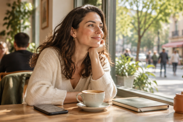 Femeie zâmbitoare într-un cafe luminos, cu telefonul lăsat pe masă lângă o cană de cafea și un caiet închis