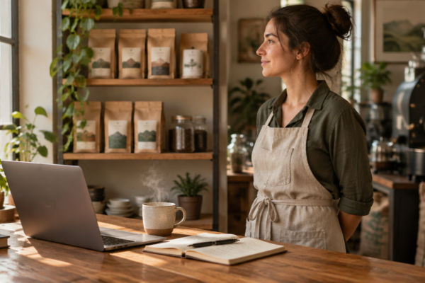 Cafenea de specialitate cu laptop, ceașcă de cafea și caiet de idei pe o masă de lemn, în lumina dimineții