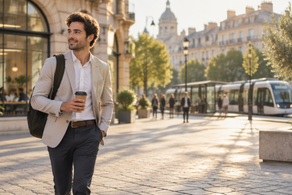 Profesionist care traversează o piață pietonală dintr-un oraș european dimineața, cu cafea la pachet și rucsac